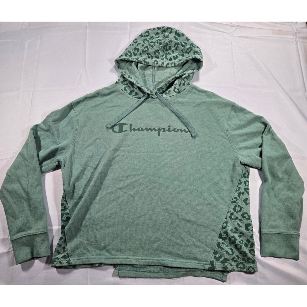 Champion Womens Sage Green Leopard Print Accent Pullover Hoodie Large
